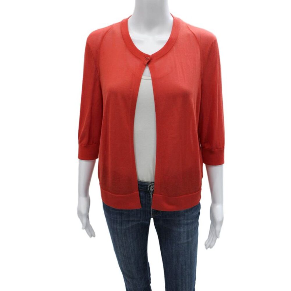 Akris Womens Silk Orange Cardigan Round Neck 3/4 Sleeve Size 14